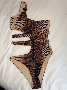 Meshki Brown and Black Tiger Print One-Piece Swimsuit